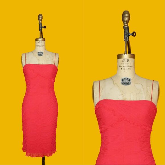 1990s CACHÉ Cherry Red SILK CHIFFON Draped Sleeveless Ruched Dress. Small. As Is - Picture 1 of 10
